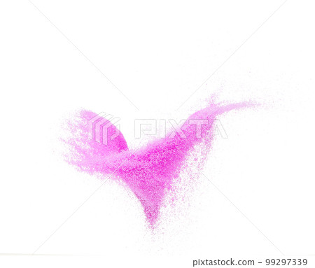 Small size purple Sand flying explosion, violet sands grain wave explode. Abstract cloud fly. purple colored sand splash throwing in Air. White background Isolated high speed shutter, throwing freeze Small size purple Sand flying explosion, violet sands grain wave explode. Abstract cloud fly. purple colored sand splash throwing in Air. White background Isolated high speed shutter, throwing freeze 99297339