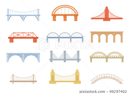 Bridge of construction vector cartoon set icon. Color graphic design. Set of Bridges, Urban Crossover Architecture and Construction for Transportation with Carriageway 99297402