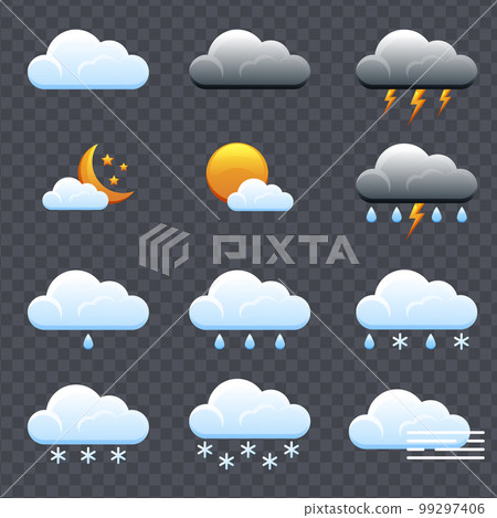 Weather icons. Realistic weather icons set isolated on transparent background. Forecast weather flat symbols. Weather icons. Realistic weather icons set isolated on transparent background. Forecast weather flat symbols. 99297406