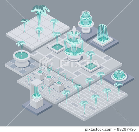 Isometric fountain set with outdoor park cascades isolated vector illustration EPS10. Vintage and modern architecture decor with splashing drops. 99297450