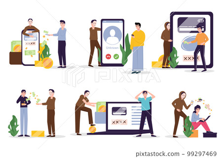 Internet fraud and scam. Online hackers at phishing, cyber crime, theft of personal data, password, bank information and money. Thief blackmailing people Internet fraud and scam. Online hackers at phishing, cyber crime, theft of personal data, password, bank information and money. Thief blackmailing people 99297469
