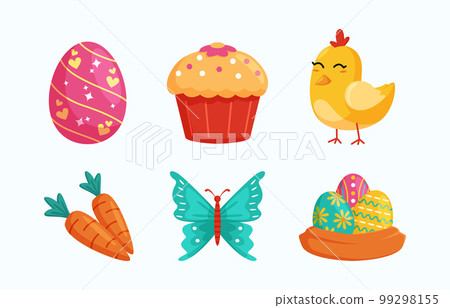 Happy Easter design element with eggs, cupcake, chicken, carrot and butterfly. 99298155