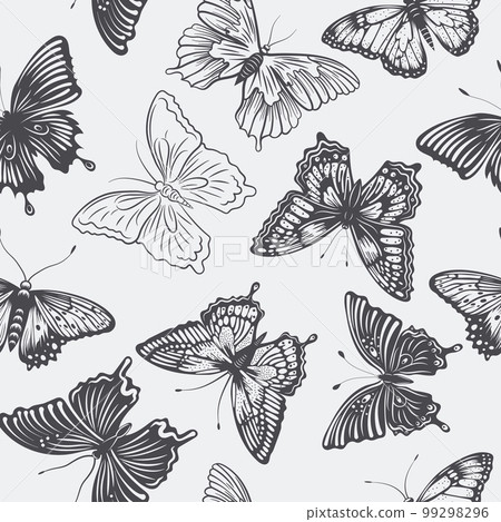 Vector Seamless Pattern with Hand Drawn Black Butterflies on White Background. Butterflies Collection, Vintage Vector Design Elements of Butterfly Silhouettes 99298296