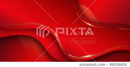 Abstract 3d red background with gold lines curved wavy sparkle with copy space for text. Luxury style template design. 99298608