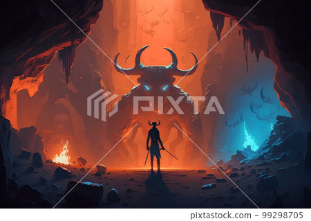 Theseus found the creature minotaur in cave labyrinth greek mythology tale. Neural network AI generated art Theseus found the creature minotaur in cave labyrinth greek mythology tale. Neural network AI generated art 99298705
