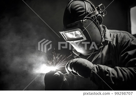 Welder works with Industrial automotive part in metal factory. Neural network AI generated art 99298707