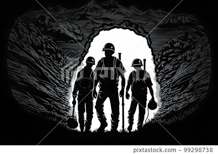 Back view of silhouettes of male workers in dark coal mine. Neural network AI generated art 99298738