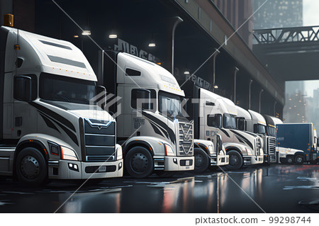 Semi Trailer Trucks on Parking lot. Delivery Trucks for Cargo Shipping. Lorry Industry Freight Truck Logistics Transport. Neural network AI generated art Semi Trailer Trucks on Parking lot. Delivery Trucks for Cargo Shipping. Lorry Industry Freight Truck Logistics Transport. Neural network AI generated art 99298744