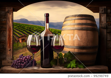Red wine tasting in the wine cellar, wineglass and bottles next to the window. Neural network AI generated art 99298749