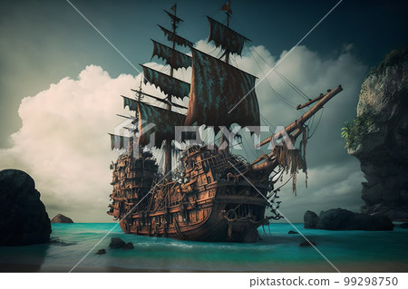 Pirate ship at the open sea close to rocks and small island with palms. Neural network AI generated art Pirate ship at the open sea close to rocks and small island with palms. Neural network AI generated art 99298750