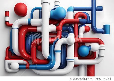 Abstract blue red and white pipes system on white background. Neural network AI generated art 99298751