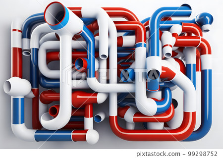 Abstract blue red and white pipes system on white background. Neural network AI generated art 99298752