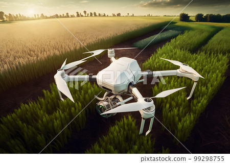 Agriculture drone fly to sprayed fertilizer on the sweet corn fields. Neural network AI generated art 99298755