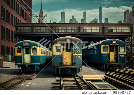 NYC old outdated subway cars in a metro depot in daytime. Neural network AI generated art 99298757