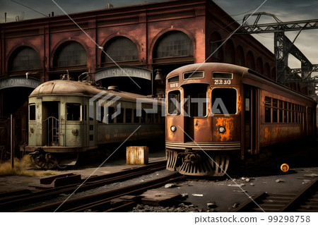 NYC old outdated subway cars in a metro depot in daytime. Neural network AI generated art 99298758