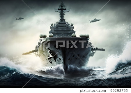 Navy aircraft carrier in wavy sea water. Neural network AI generated art 99298765