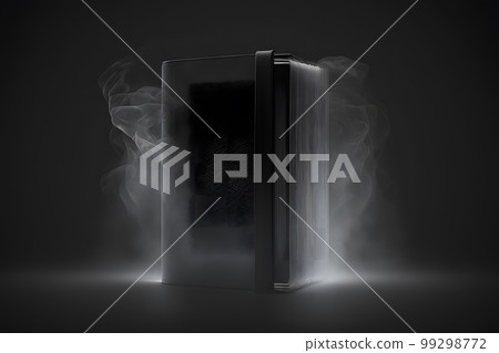 Hardcover vertical black mockup book standing on the black background with smoke. Neural network AI generated art 99298772