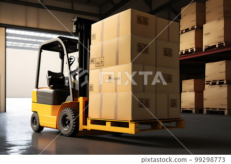 Warehouse with fully loaded forklift between rows in the big interior space. Neural network AI generated art Warehouse with fully loaded forklift between rows in the big interior space. Neural network AI generated art 99298773