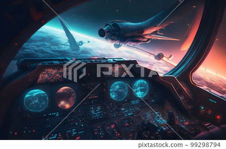 Airplane cockpit view during intergalaxy journey flight or spaceship battle. Neural network AI generated art Airplane cockpit view during intergalaxy journey flight or spaceship battle. Neural network AI generated art 99298794