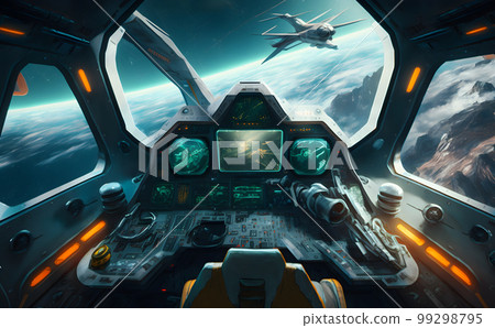 Airplane cockpit view during intergalaxy journey flight or spaceship battle. Neural network AI generated art 99298795