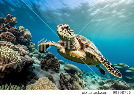 Maldivian Sea Turtle Floating Up And Over Coral reef with beautiful colorful background. Neural network AI generated art Maldivian Sea Turtle Floating Up And Over Coral reef with beautiful colorful background. Neural network AI generated art 99298796