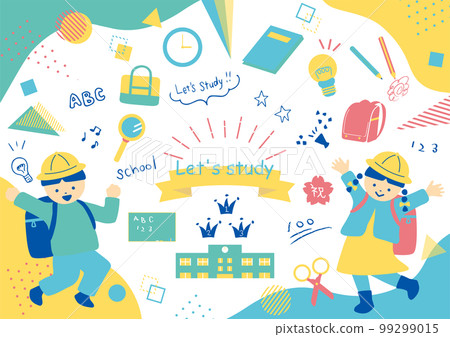Children in school bags and school life icon set 99299015