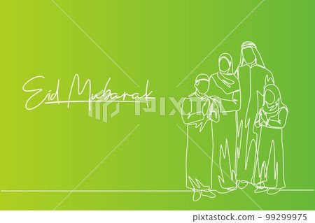 Eid Al Fitr Mubarak greeting card, banner and poster design. One continuous line drawing of muslim Arabian family - Islamic father, mother, daughter and son. Single line draw vector illustration 99299975