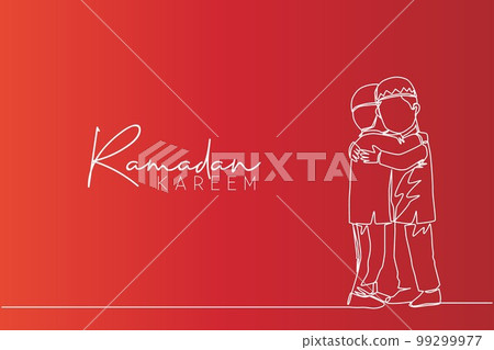 Ramadan Kareem greeting card, poster and banner design. One single line drawing of two young happy muslim boys hugging to forgive each other. Continuous line draw vector illustration 99299977