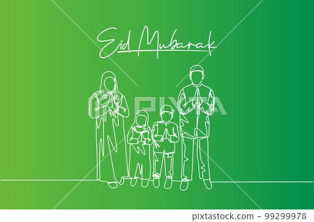 Eid Mubarak greeting card, poster and banner design background. Single continuous line drawing of muslim Arabian family - mom, dad and two kids. Eid Al Fitr one line draw vector illustration 99299978