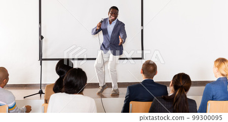 Young emotional male coach giving motivational speech Young emotional male coach giving motivational speech 99300095