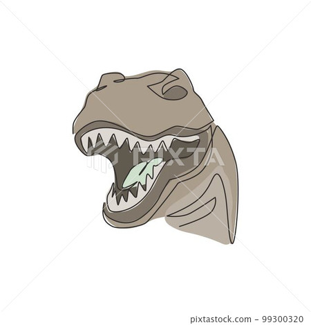 Single continuous line drawing of tyrannosaurus rex head for logo identity. Prehistoric animal mascot concept for dinosaurs theme amusement park icon. One line draw graphic design vector illustration Single continuous line drawing of tyrannosaurus rex head for logo identity. Prehistoric animal mascot concept for dinosaurs theme amusement park icon. One line draw graphic design vector illustration 99300320