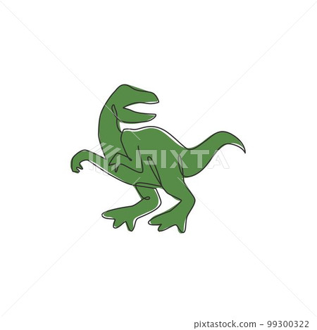 Single continuous line drawing of aggressive velociraptor for logo identity. Prehistoric animal mascot concept for dinosaurs theme amusement park icon. One line draw graphic design vector illustration 99300322