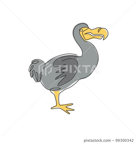 One continuous line drawing of cute funny dodo bird for logo identity. Extinct animal mascot concept for museum zoo icon. Trendy single line draw design graphic vector illustration One continuous line drawing of cute funny dodo bird for logo identity. Extinct animal mascot concept for museum zoo icon. Trendy single line draw design graphic vector illustration 99300342