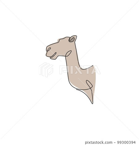 Single continuous line drawing of head desert Arabic camel for logo identity. Cute dromedary mammal animal concept for national zoo icon. Trendy one line draw design graphic vector illustration 99300394