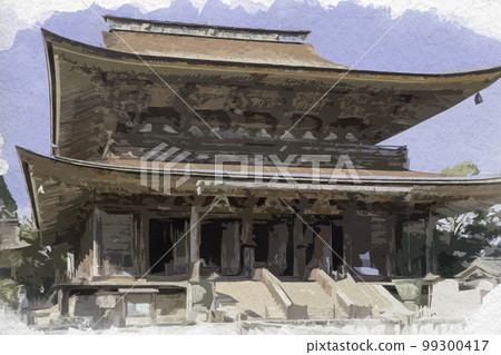 Watercolor-style Yoshino Kinpusen-ji Temple main hall (Zao-do) Yoshino-cho, Yoshino-gun, Nara Prefecture 99300417