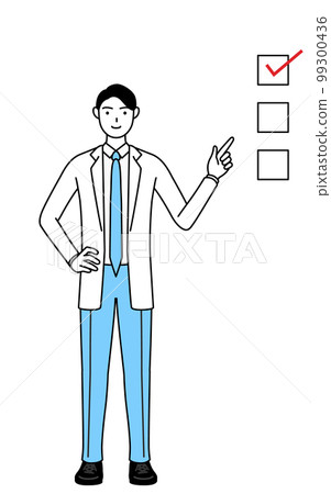 A male doctor in a white coat pointing to a checklist 99300436