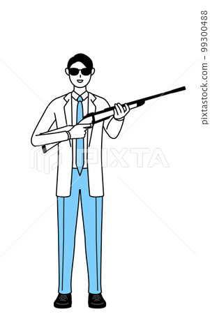 A male doctor in a white coat wearing sunglasses and holding a rifle 99300488