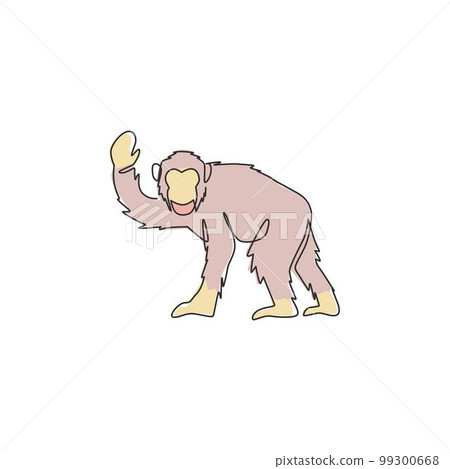 Single continuous line drawing of cute jumping chimpanzee for national zoo logo identity. Adorable primate animal mascot concept for circus show icon. One line graphic draw design vector illustration Single continuous line drawing of cute jumping chimpanzee for national zoo logo identity. Adorable primate animal mascot concept for circus show icon. One line graphic draw design vector illustration 99300668