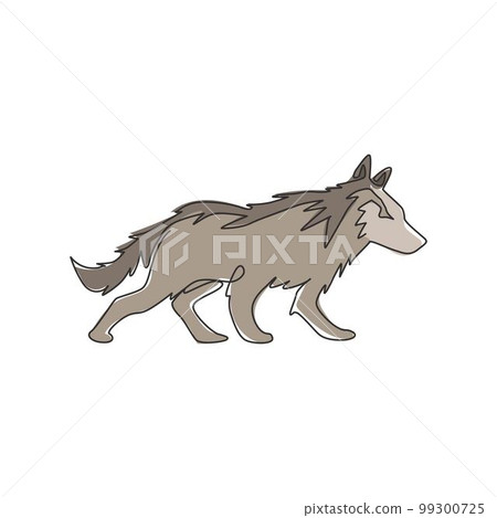 Single continuous line drawing of mysterious wolf for e-sport team logo identity. Strong wolves mascot concept for national park icon. Trendy one line draw design vector graphic illustration Single continuous line drawing of mysterious wolf for e-sport team logo identity. Strong wolves mascot concept for national park icon. Trendy one line draw design vector graphic illustration 99300725