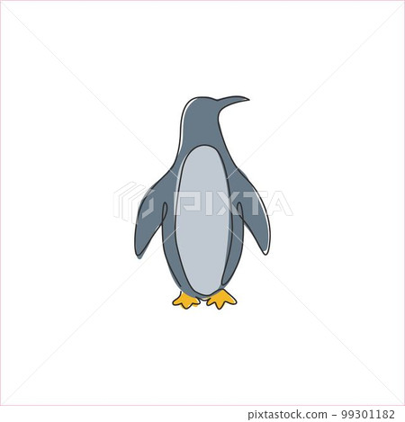 Single continuous line drawing of adorable penguin for company business logo identity. Arctic animal bird mascot concept for kids stationary product. One line draw graphic design vector illustration Single continuous line drawing of adorable penguin for company business logo identity. Arctic animal bird mascot concept for kids stationary product. One line draw graphic design vector illustration 99301182