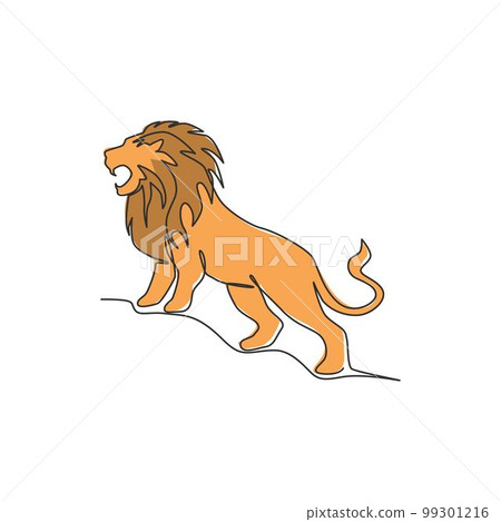 One single line drawing of wild lion for company business logo identity. Strong wildcat mammal animal mascot concept for national conservation park. Continuous line draw design vector illustration 99301216