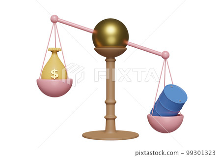 3D justice scales with oil barrel icon, money bag isolated. high inflation, expensive, saving money, raise the price concept, 3d render illustration 99301323