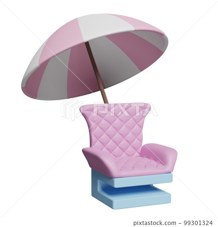 3d sofa chair with pink umbrella or parasol isolated. 3d render illustration 99301324