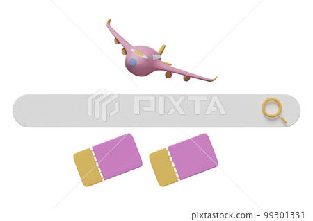 search bar blank and magnifying glass with 3d airplane ticket booking, summer travel service, planning traveler's tourism isolated. 3d render illustration 99301331