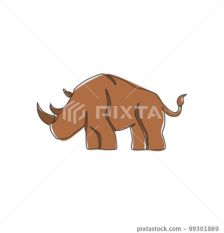 Single continuous line drawing of big African rhinoceros for conservation national park. Big African rhino animal mascot concept for national zoo safari. One line draw design vector illustration Single continuous line drawing of big African rhinoceros for conservation national park. Big African rhino animal mascot concept for national zoo safari. One line draw design vector illustration 99301869