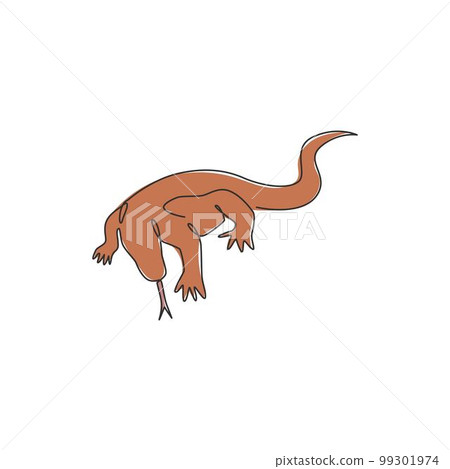 One single line drawing of strong komodo dragon for company logo identity. Dangerous predator animal mascot concept for reptilian zoo. Modern continuous line draw design illustration vector graphic One single line drawing of strong komodo dragon for company logo identity. Dangerous predator animal mascot concept for reptilian zoo. Modern continuous line draw design illustration vector graphic 99301974