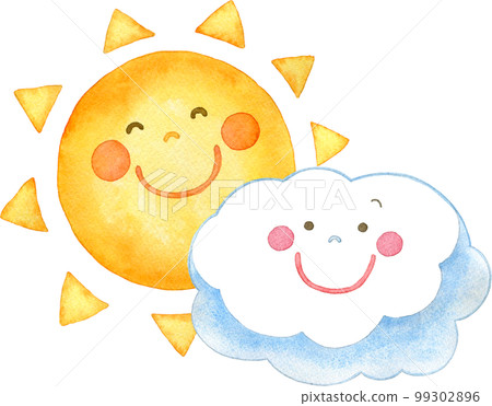 Watercolor illustration of smiling sun and cloud characters Watercolor illustration of smiling sun and cloud characters 99302896