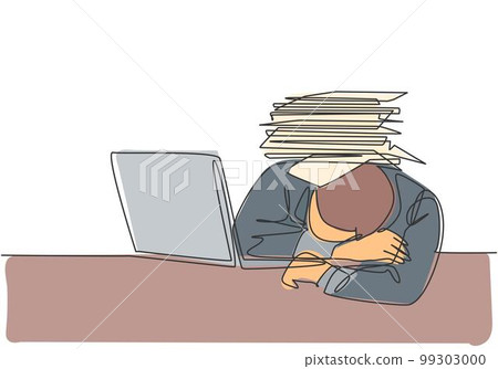 Single continuous line drawing of young despair employee got crushed by pile of papers on his desk. Work overload pressure at the office concept. One line draw graphic design vector illustration Single continuous line drawing of young despair employee got crushed by pile of papers on his desk. Work overload pressure at the office concept. One line draw graphic design vector illustration 99303000