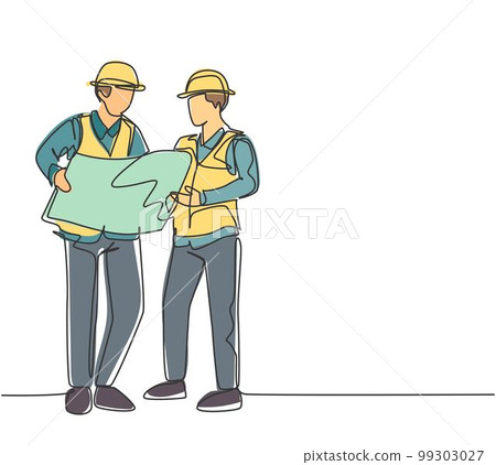 One continuous line drawing of young architect explaining building design blueprint to contractor. Construction business planning concept. Modern single line draw graphic design vector illustration 99303027