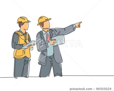 Single continuous line drawing of young architect and house builder discussing residence blueprint with consultant. Home construction planning concept. One line draw graphic design vector illustration Single continuous line drawing of young architect and house builder discussing residence blueprint with consultant. Home construction planning concept. One line draw graphic design vector illustration 99303029